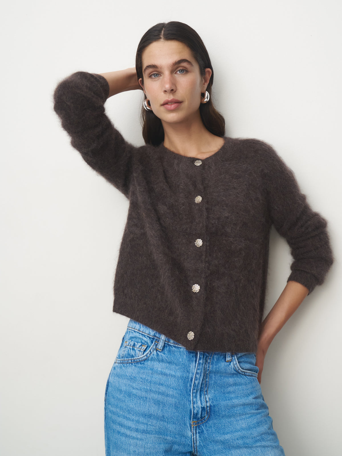 Cashmere Cardigan brushed Jewel Button brown