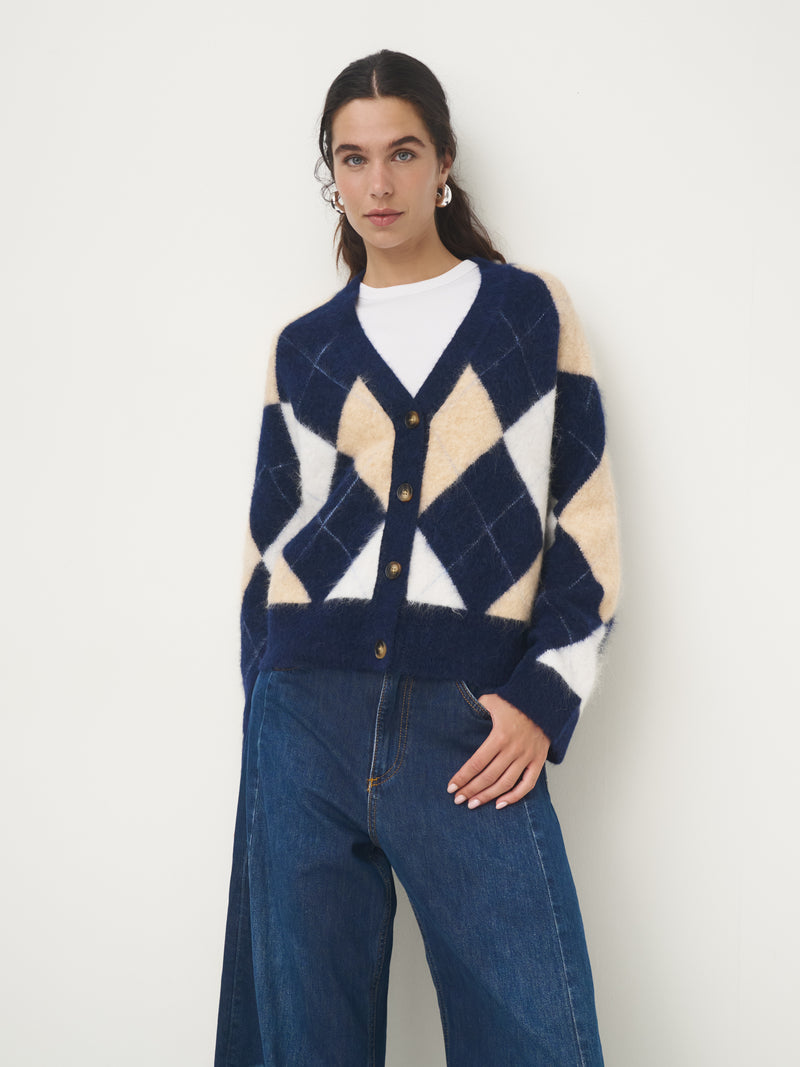 Alpaka Mix Strickjacke // Argyle-Muster navy