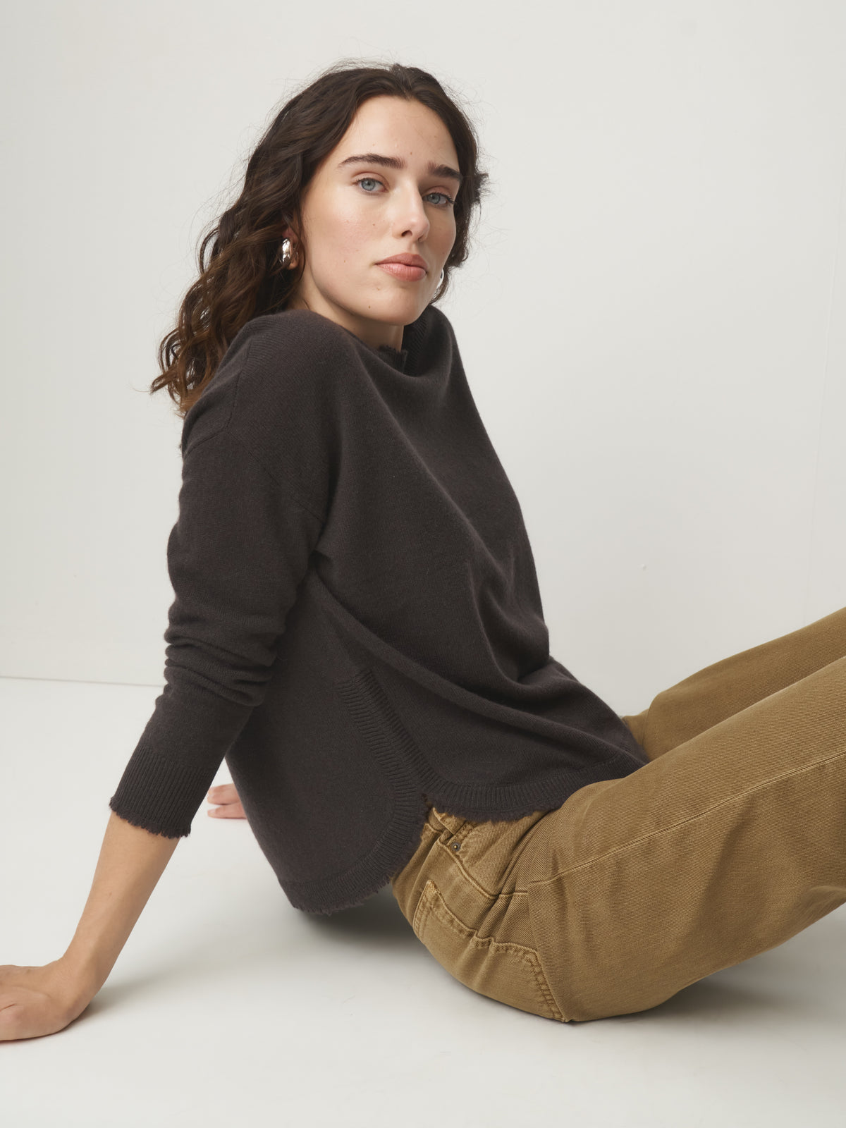Cashmere Sweater Fringed Edge brown