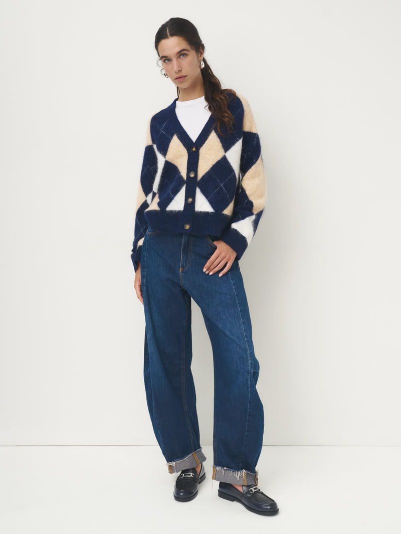 Alpaka Mix Strickjacke // Argyle-Muster navy