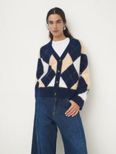 Alpaka Mix Strickjacke // Argyle-Muster navy