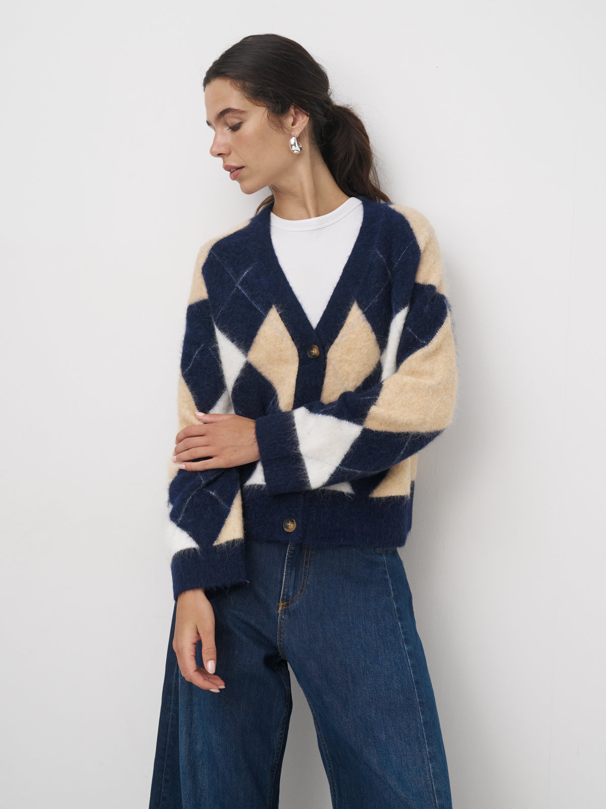 Alpaka Mix Strickjacke // Argyle-Muster navy