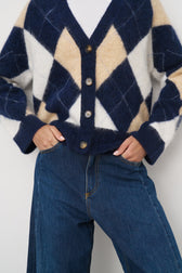 Alpaka Mix Strickjacke // Argyle-Muster navy